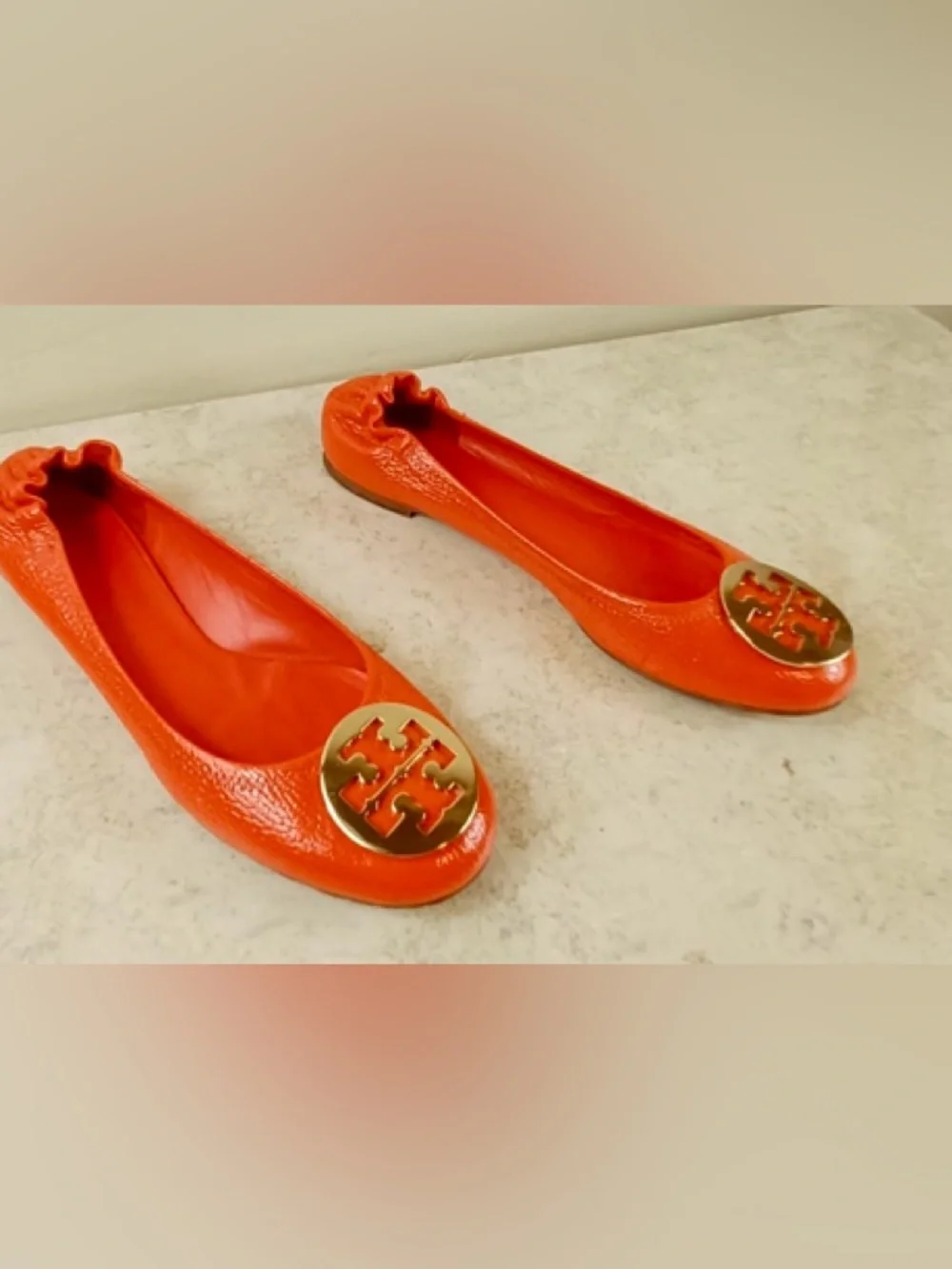 Tory Burch Orange Patent Leather Ballet Flats with Gold Logo - Picture 6 of 9
